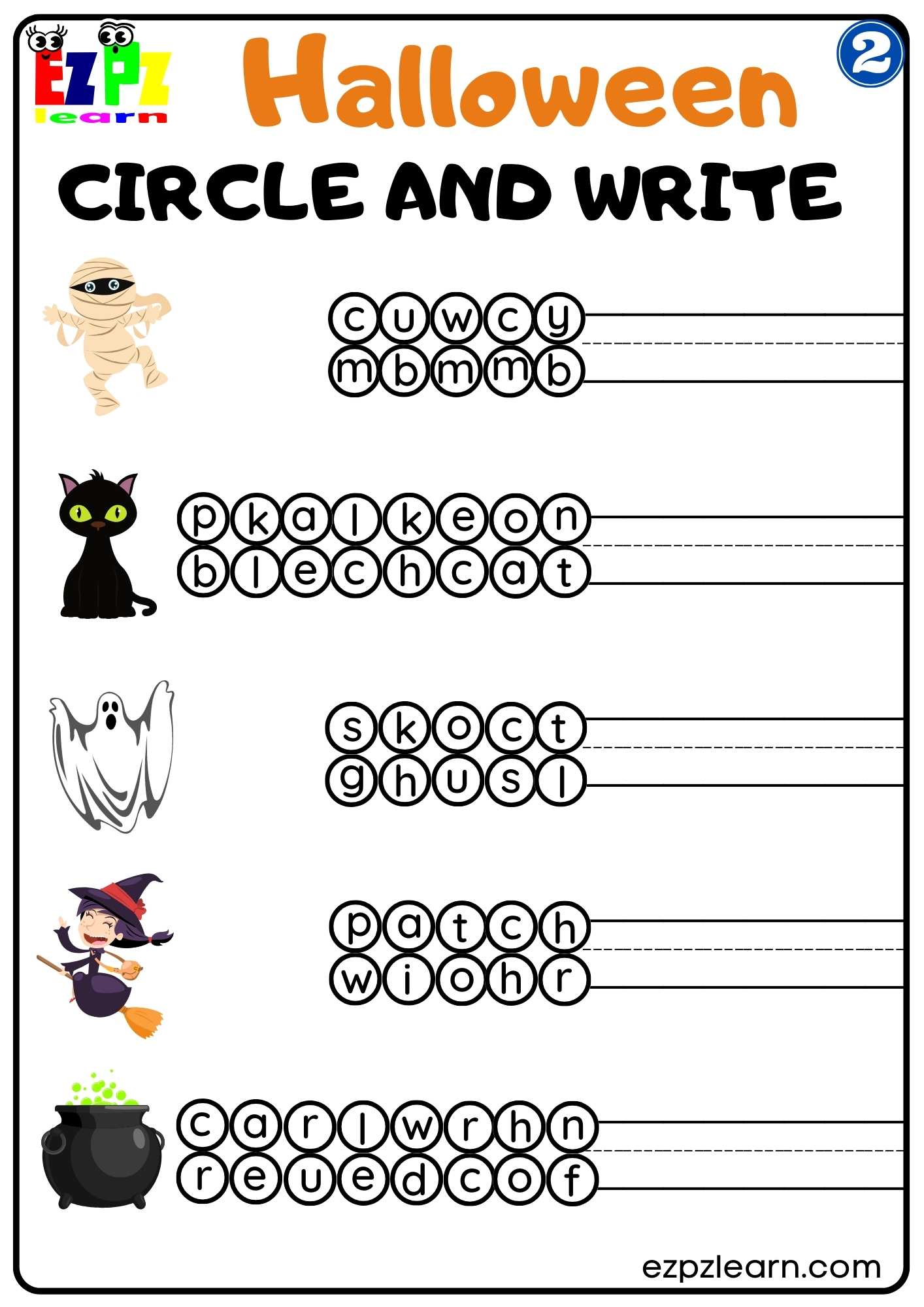 Group 2 Halloween Vocabulary Circle and Write Worksheet for Kids  PDF Download